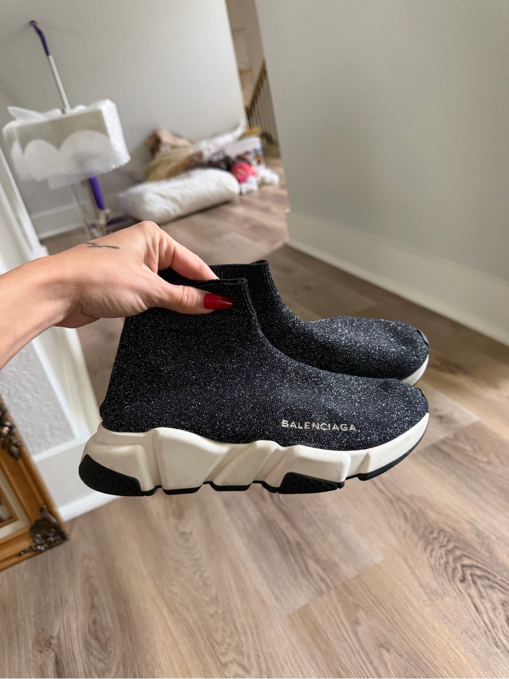 Balenciaga Kids Black Glitter Speed Trainer Sneakers